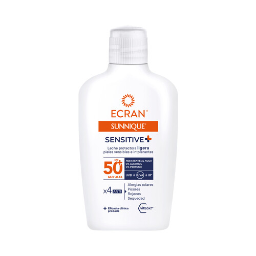 ECRAN Sunnique sensitive+ Leche solar protectora, para pieles sensibles con FPS 50+ (muy alto) 200 ml.