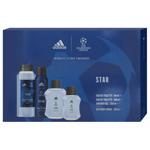 ADIDAS Uefa champions league Estuche con colonia y productos para la higiene masculina con fragancia cítrica.