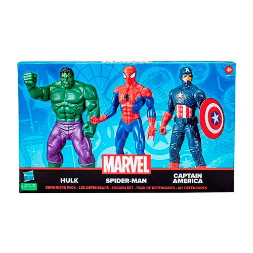 Marvel Pack de Defensores Figuras Hulk Spider Man y Capitán América, 25cm.