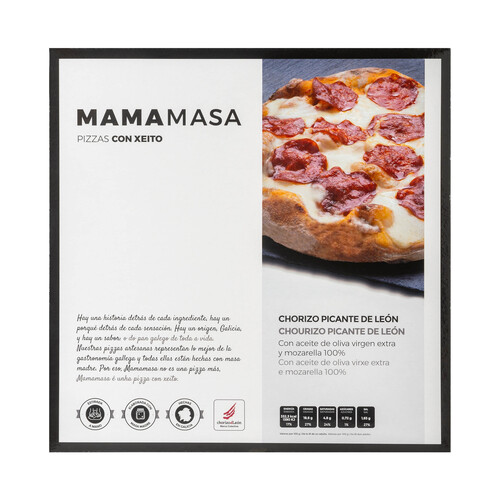 MAMAMASA Pizza congelada de chorizo picante de León, con aceite de oliva virgen extra y mozarella 370 g.