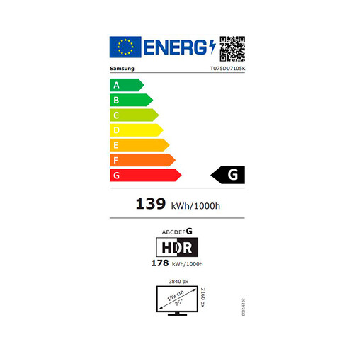 Televisión 190,5 cm (75)  LED SAMSUNG 75DU7105 Crystal UHD, 4K, HDR, Ultra HD, WIFI, Bluetooth, 3 puertos HDMI, UDB, Gaming, 50Hz.