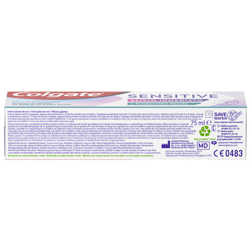 COLGATE Sensitive Pasta de dientes con flúor, para el alivio inmediato de la sensibilidad dental 75 ml.