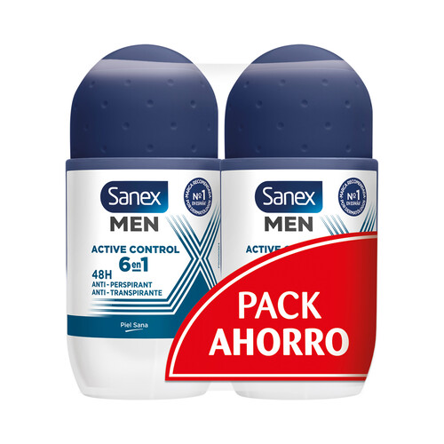 SANEX Men active control Desodorante roll on para hombre con protección anti transpirante de hasta 48 horas 2 x 50 ml.