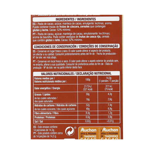 PRODUCTO ALCAMPO Chocolate negro (52% cacao) para uso culinario tableta 200 g.