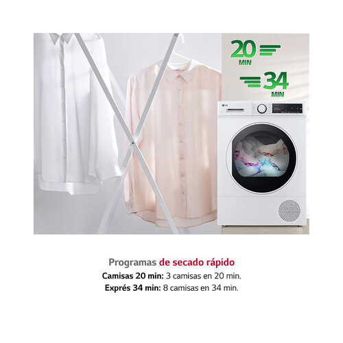 Secadora por condensación con bomba de calor LG RH80T2AP6RM, capacidad de secado: 8KG, clasificación energética: A++, H: 85cm, A: 60cm, F: 61cm.