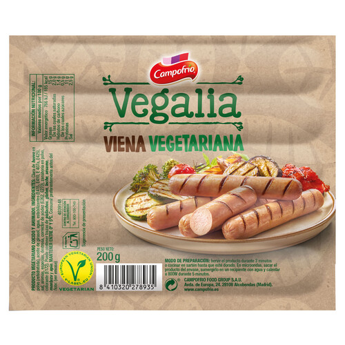 CAMPOFRÍO Salchichas vegetarianas tipo Viena cocidas y ahumadas, elaboradas sin carne y sin gluten CAMPOFRÍO Vegalia 200 g.