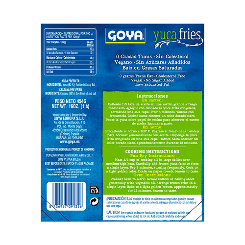 GOYA Yuca prefrita, muy crujiente y con un corte fino 454 g.