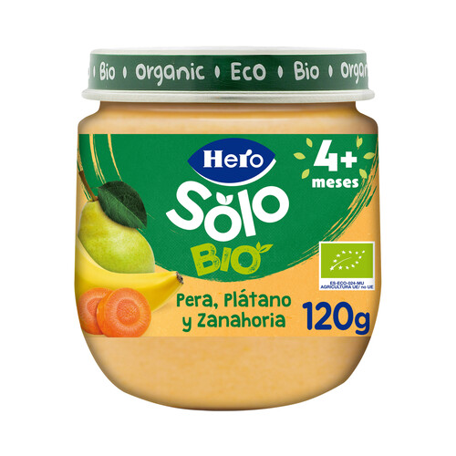 HERO Solo bio Tarrito de frutas y hortailiza (pera y plátano y zanahoria) ecológicos, a partir de 4 meses 120 g.