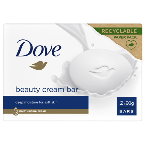 DOVE Beauty Pastilla de jabón de tocador con 1/4 de crema hidratante  2 x 90 g.