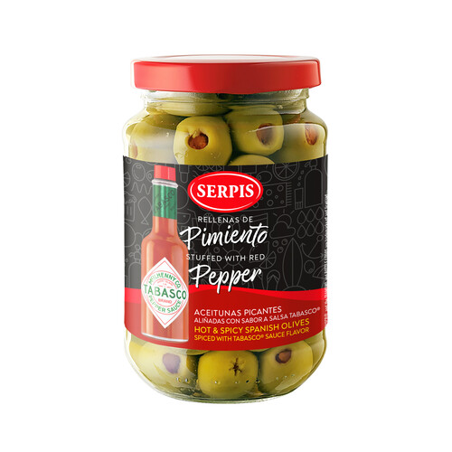 SERPIS Aceitunas aliñadas rellenas de pimiento con sabor a salsa tabasco bote 200 g.