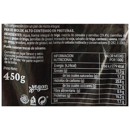 TRADIPAN Vitragrain Pan de molde con alto contenido en proteínas 450 g.