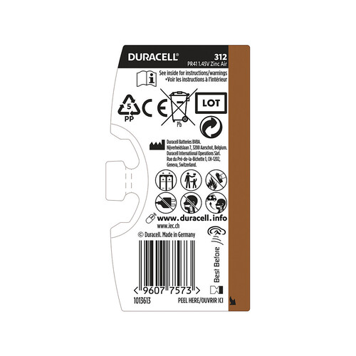 Pack de 6 pilas especiales para audífonos, tamaño 312, 1,45V, Zinc-Air., DURACELL.