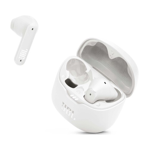 Auriculares Bluetooth intrauricular JBL TUNE FLEX WHITE con estuche de carga, hasta 32 horas de autonomía, color blanco.