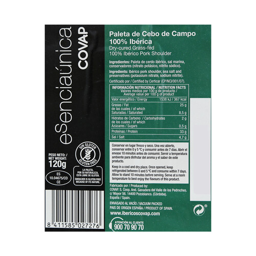 COVAP Paleta cebo de campo 100% raza ibérica corte tipo tapa 120 g.