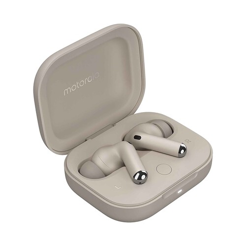 Auriculares bluetooth MOTOROLA Moto Buds+, con micrófono, estuche de carga, color beige. 