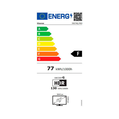 Televisión 139,7 cm (55) QLED HISENSE 55E7NQ PRO, 4K, Smart TV, VIDAA, GAMING, HDR10+, Ultra HD.