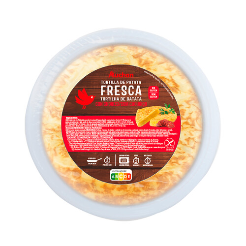 AUCHAN Tortilla de patata fresca, con chorizo y elaborada sin gluten 600 g. Producto Alcampo