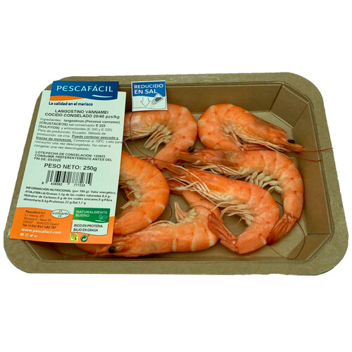 PESCAFACIL Langostino vannamei cocido reducido sal 20/40 250 g.