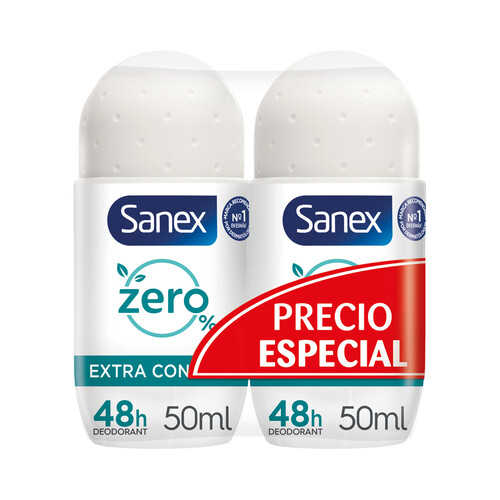 SANEX Zero % extra control Desodorante roll on para mujer, con protección antitranspirante hasta 48 horas 2 x 50 ml.