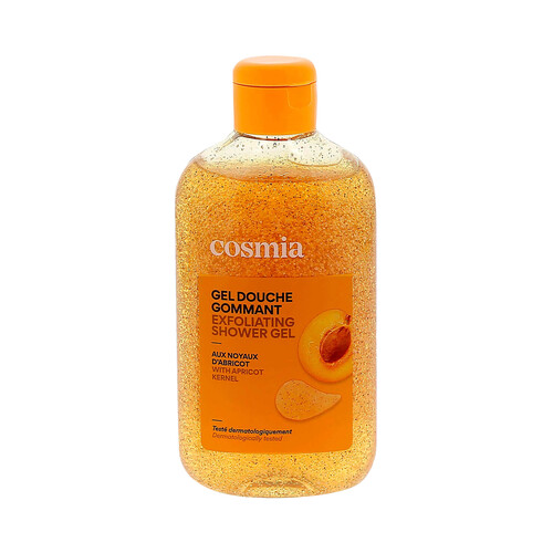 COSMIA Gel para baño o ducha exfoliante, con hueso y perfume de albaricoque 250 ml.