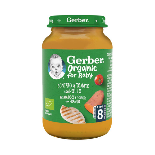 GERBER Organic Tarrito de boniato y tomate con pollo ecológico, a partir de 8 meses 190 g.