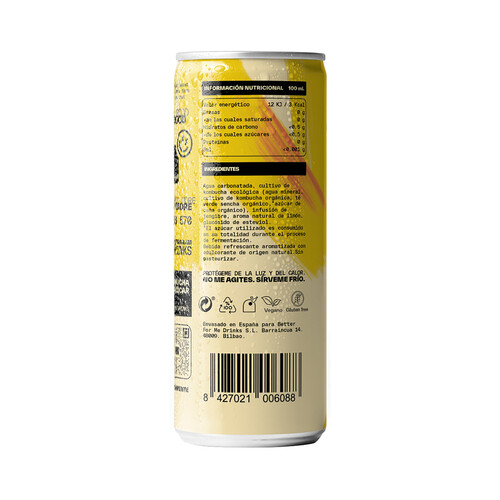 MIWI Kombucha 0% azúcar con sabor a jengibre y limón lata 250 ml.