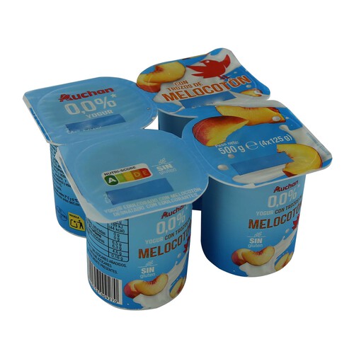 AUCHAN Yogur desnatado (0.0% materia grasa) con trozos de melocotón 4 x 125 g. Producto Alcampo