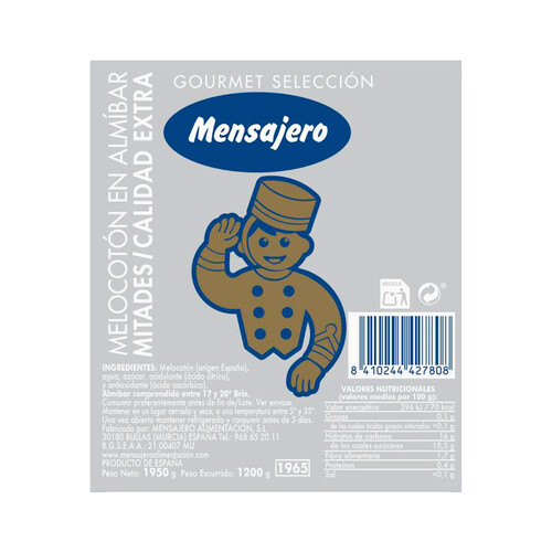 MENSAJERO Mitades de melocotón en almíbar 1250 gr,