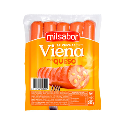 MILSABOR Salchichas cocidas mixtas (pavo, pollo y cerdo) con queso, tipo Viena 200 g.