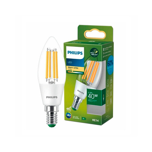 Bombilla LED E14, 40W, vela cálida 2700K, 485lm, PHILIPS.