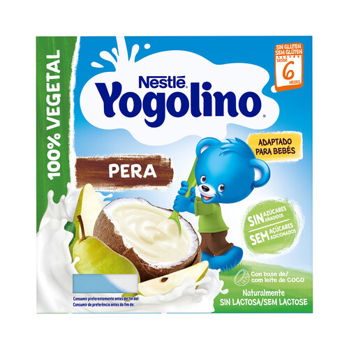 YOGOLINO de Nestlé Postre 100% vegetal con coco y pera, adapatado para bebés a partir de 6 meses 4 x 90 g.