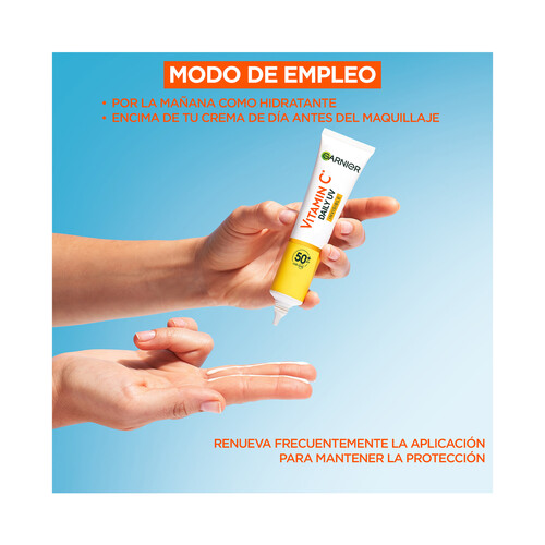 GARNIER Skin active Fluido diario iluminador invisible con vitamina C y FPS 50+ 50 ml.