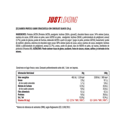 JUST LOADING Barritas proteicas de straciatella JUST LOADING pack de 3 uds x 30 g.