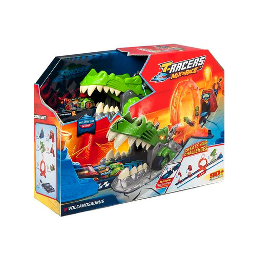 Playset T-Racers Mix' n Race Volcanosaurus, 1 disparador, 3 pistas, 1 coche exclusivo Pyrosaurus y 4 acrobacias.