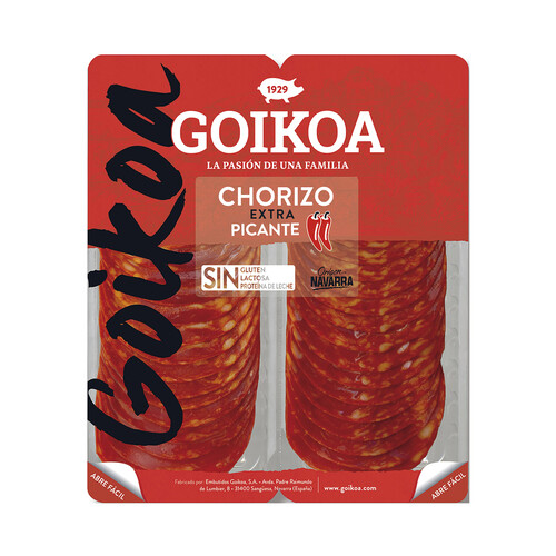 GOIKOA Chorizo extra cortado en lonchas, elaborado sin gluten, ni lactosa ni proteína de leche GOIKOA 2 x 90 g.