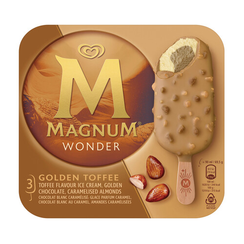 MAGNUM Wonder Bonbón helado de nata con interior de datiles y caramelo, recubierto de chocolate blanco con caramelo 3 x 90 ml.