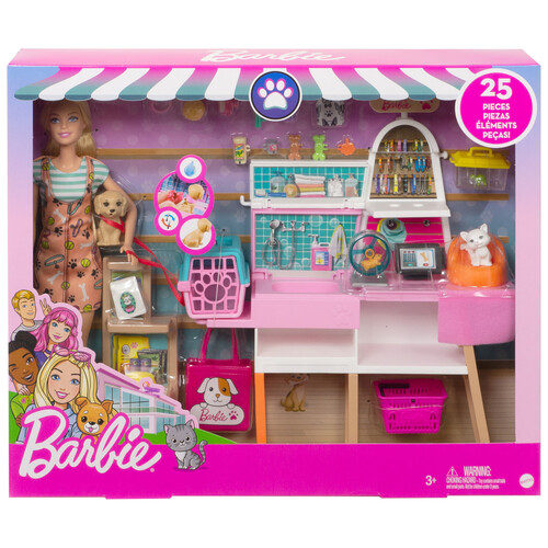 Barbie tienda de mascotas con muñeca y 25 accesorios, BARBIE.