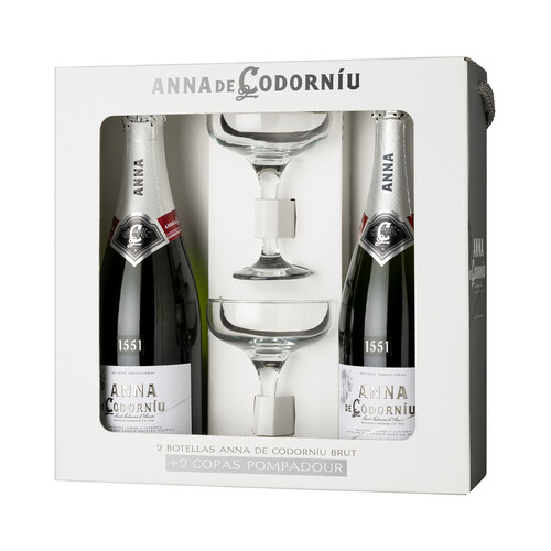 ANNA DE CODORNIU  Estuche de 2 botella de cava brut + 2 copas Pompadour.