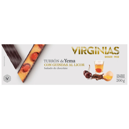 VIRGINIAS Turrón de yema con guindas al licor bañado en chocolate 200 g.