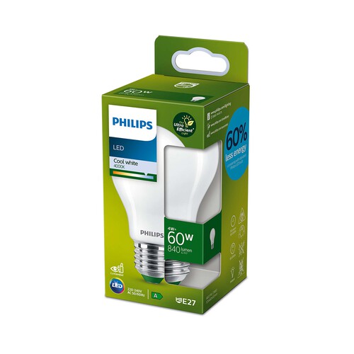 Bombilla Led E27, 4W=60W, luz neutra 4000K, 840lm, PHILIPS.