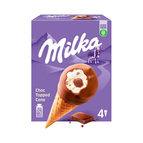 MILKA Cono de helado de vainilla con corazón de avellana, recubierto de chcolate con leche 4 x 100 ml.