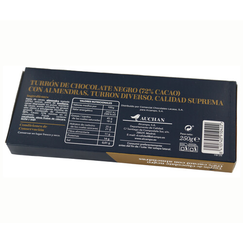 ALCAMPO GOURMET Turrón de chocolate ( 72 % cacao ) con almendras 250 g.