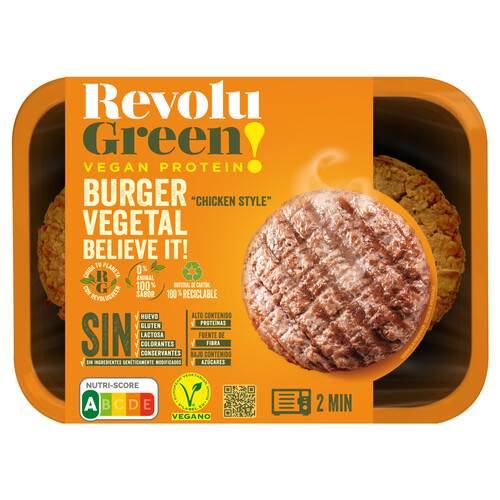 REVOLU GREEN! Burger vegetal sabor pollo, lista para calentar y comer REVOLU GREEN! 2 x 75 g.