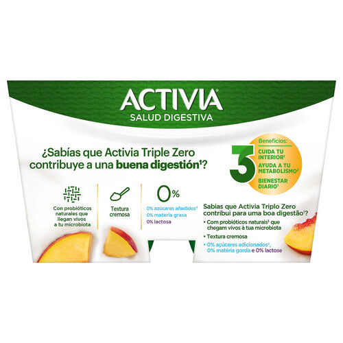 ACTIVIA Triple zero de Danone Bífidus desnatado (0% materia grasa), sin lactosa y con trocitos de melocotón 4 x 120 g.