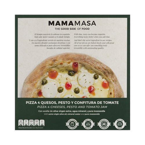 MAMAMASA Pizza congelada a los 4 quesos con pesto y confitura de tomate 420 g.