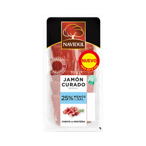 NAVIDUL Jamón curado bodega con un 25% menos de sal, sin gluten ni lactosa, cortado en lonchas 45 g.