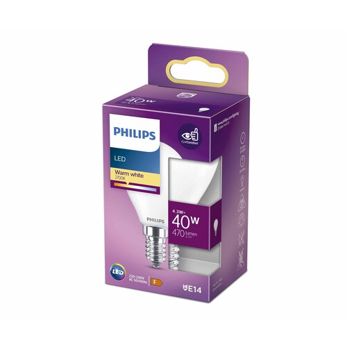 Bombilla Led E14, 4,3W=40W, luz cálida 2700K, 470lm, PHILIPS.