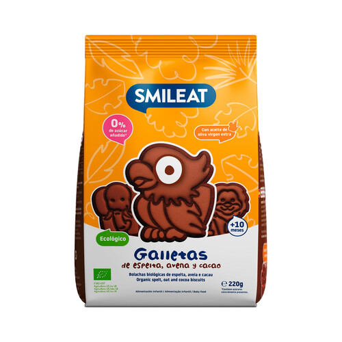 SMILEAT Galletas de cereales (espelta y avena) ecológicos y cacao, con AOVE, a partir de 10 meses 220 g.