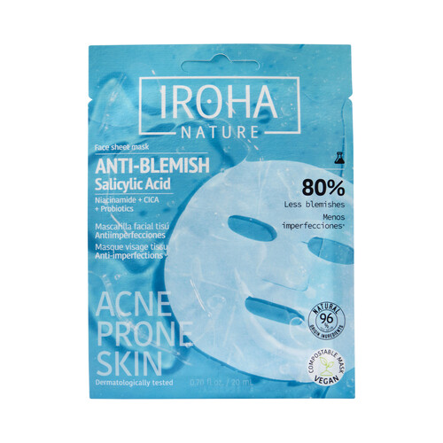 IROHA NATURE Mascarilla facial antiimperfecciones con ácido Salicílico, Niacinamida, Cica y Probióticos.