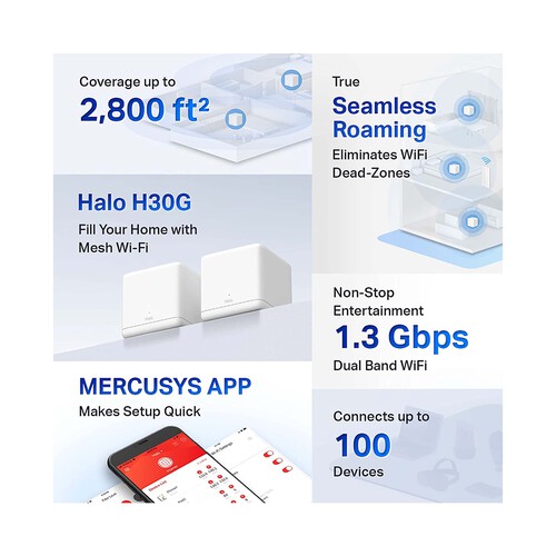 Sistema Wi-Fi MERCUSYS Halo H30G, Mesh AC1300, doble banda, hasta 100 dispositivos.